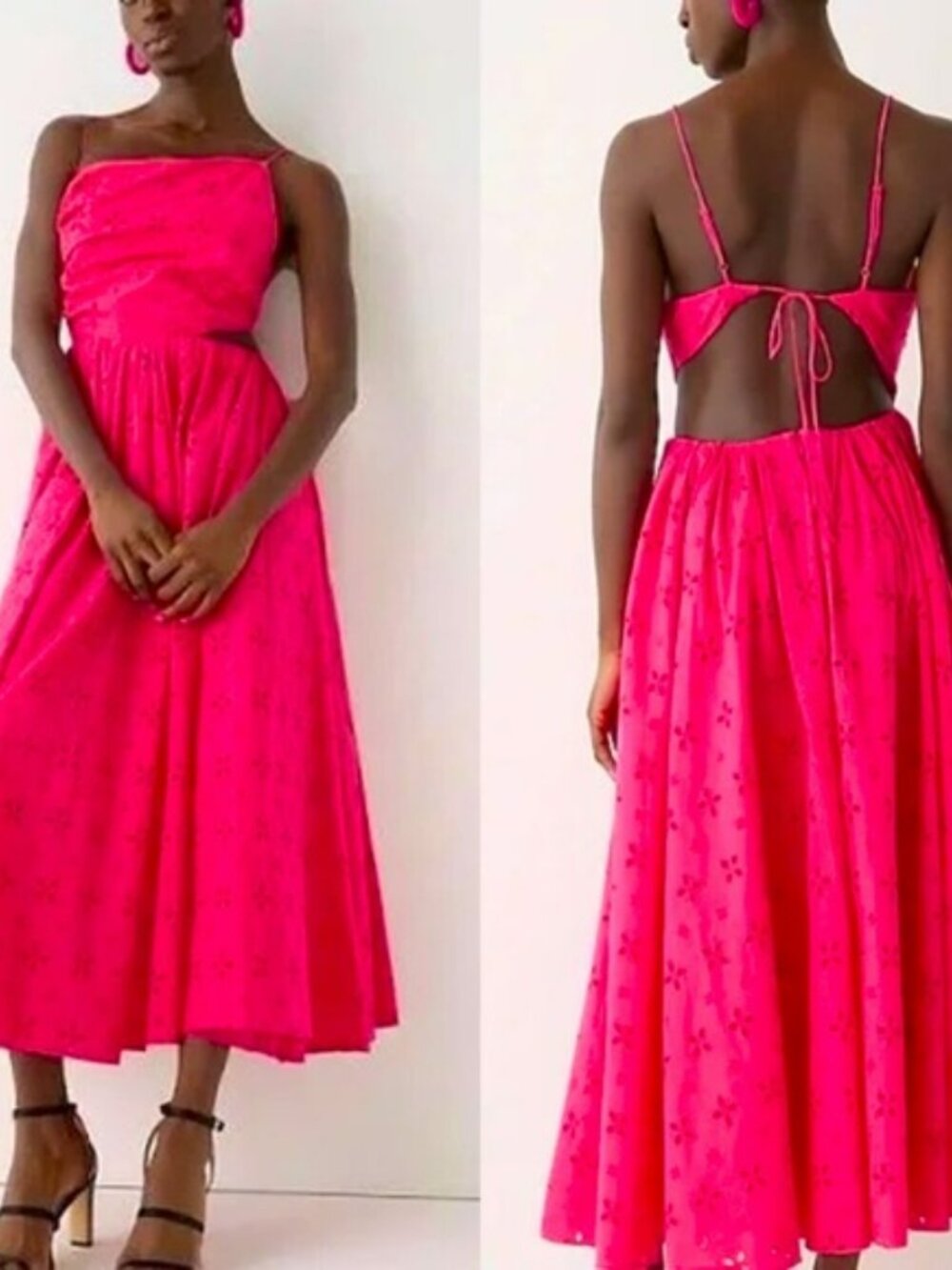 NEW J CREW Pink Eyelet Midi Dress 2 String Tie Open Back Full Skirt Sleeveless - Picture 14 of 15